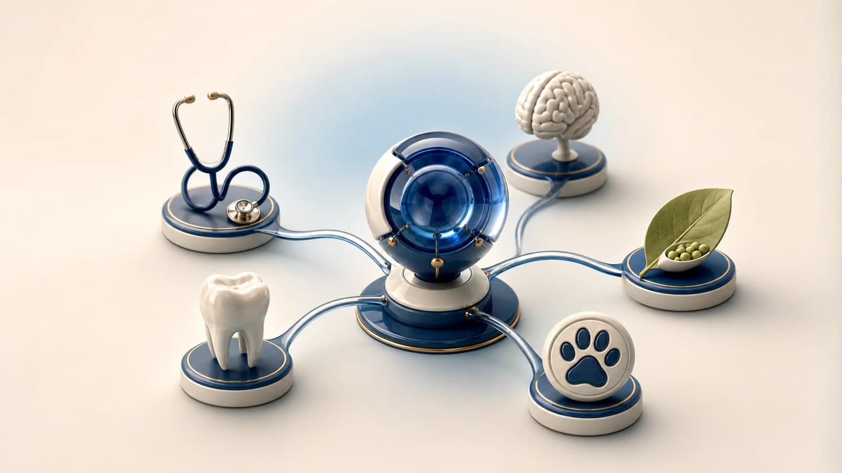 Representación de una plataforma que conecta medicina, odontología, psicología, nutrición y veterinaria.