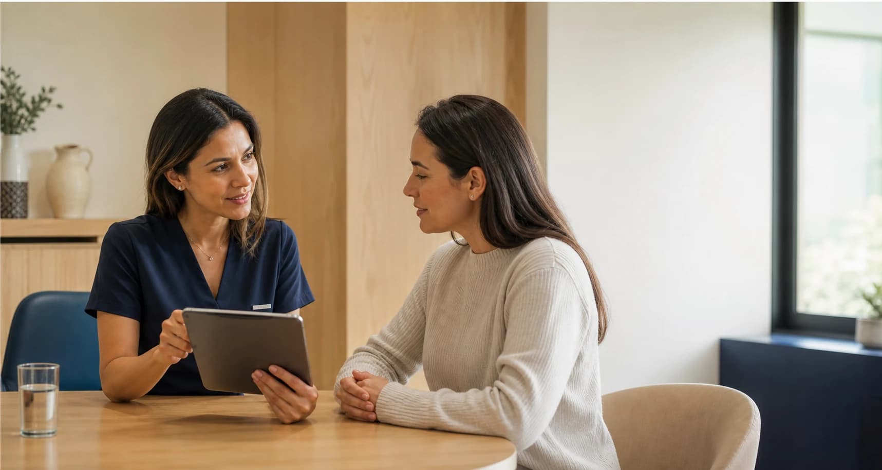 Profesional de salud conversando con una paciente mientras revisan juntas un plan en una tableta.